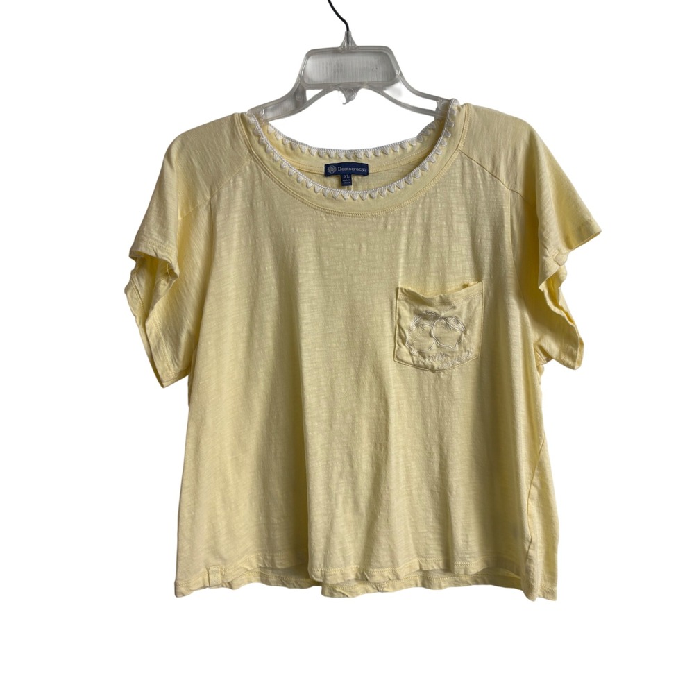 Democracy Womens XL Yellow Make Lemonade Embroidered Pocket Slub Knit Top